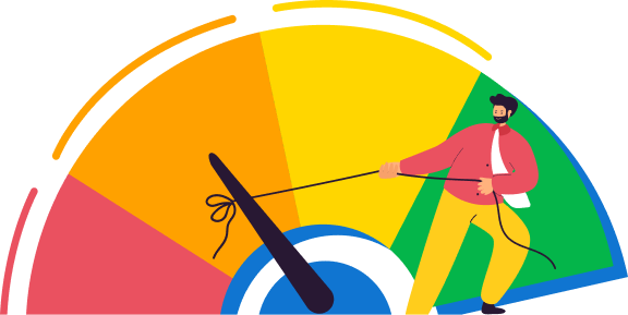 Illustration of a person pulling a credit score gauge upward